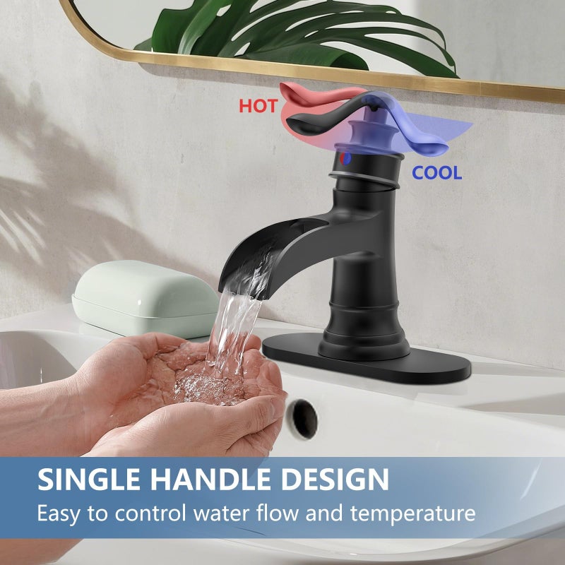 Homevacious Black Bathroom Faucet Matte Waterfall Sink Farmhouse Vanity Single Hole Faucets One Handle Basin Antique centerset with Pop Up Drain Stopper Mixer Tap Overflow Supply Line by Homevacious - Image 5